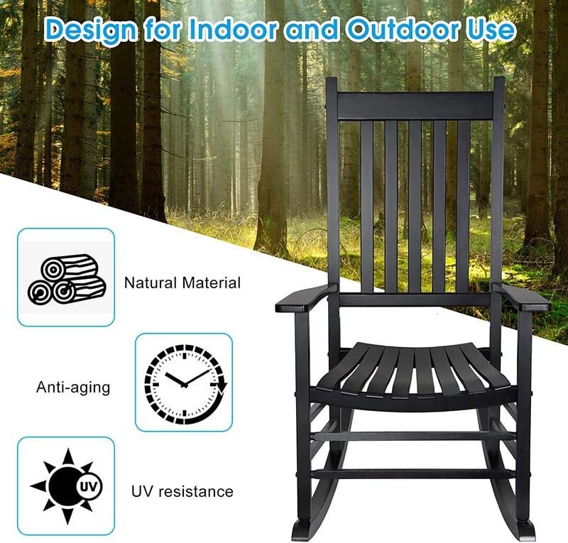 Oversized Acacia Wood Rocking Chair, High Back Patio Porch Rocker with Armrests & Slat Seat for Indoor & Outdoor Use