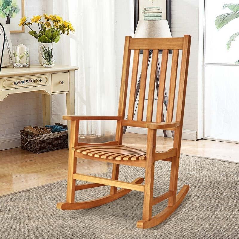 Oversized Acacia Wood Rocking Chair, High Back Patio Porch Rocker with Armrests & Slat Seat for Indoor & Outdoor Use