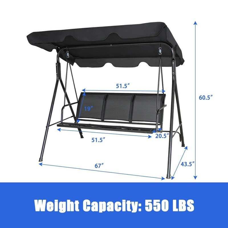 3-Person Outdoor Patio Swing with Adjustable Canopy & Steel Frame, Weather-resistant Porch Swing Bench for Garden, Yard, Poolside, Balcony