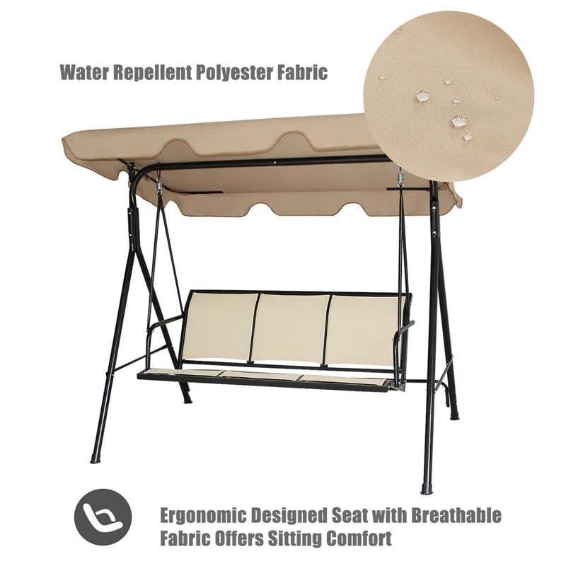 3-Person Outdoor Patio Swing with Adjustable Canopy & Steel Frame, Weather-resistant Porch Swing Bench for Garden, Yard, Poolside, Balcony