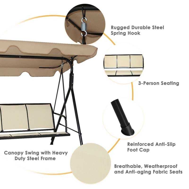 3-Person Outdoor Patio Swing with Adjustable Canopy & Steel Frame, Weather-resistant Porch Swing Bench for Garden, Yard, Poolside, Balcony