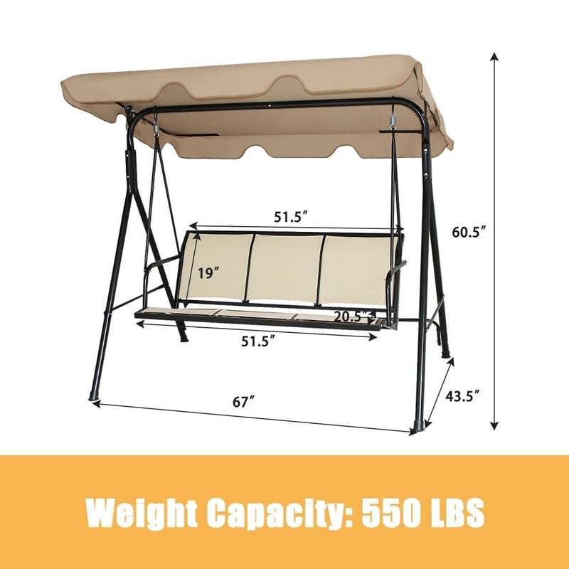 3-Person Outdoor Patio Swing with Adjustable Canopy & Steel Frame, Weather-resistant Porch Swing Bench for Garden, Yard, Poolside, Balcony