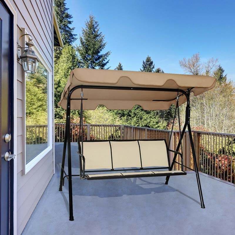 3-Person Outdoor Patio Swing with Adjustable Canopy & Steel Frame, Weather-resistant Porch Swing Bench for Garden, Yard, Poolside, Balcony