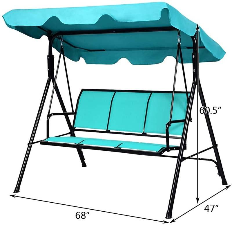 3-Person Outdoor Patio Swing with Adjustable Canopy & Steel Frame, Weather-resistant Porch Swing Bench for Garden, Yard, Poolside, Balcony