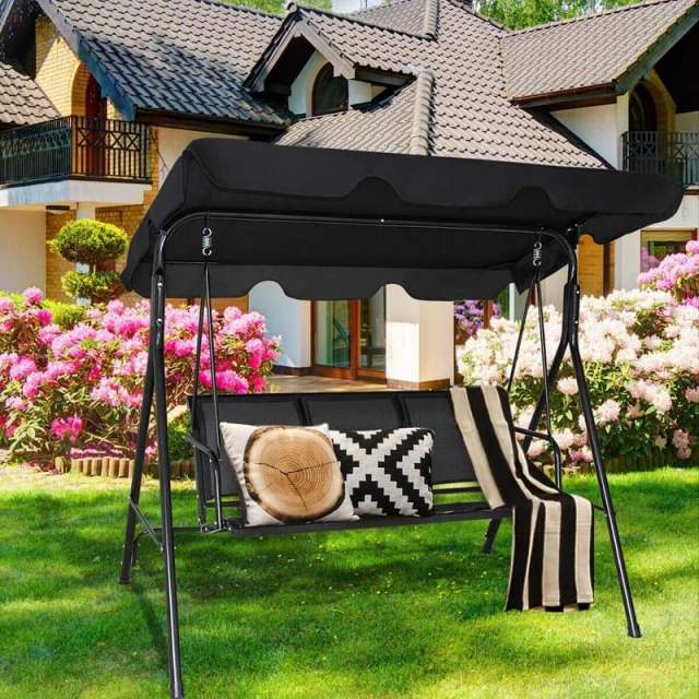 3-Person Outdoor Patio Swing with Adjustable Canopy & Steel Frame, Weather-resistant Porch Swing Bench for Garden, Yard, Poolside, Balcony