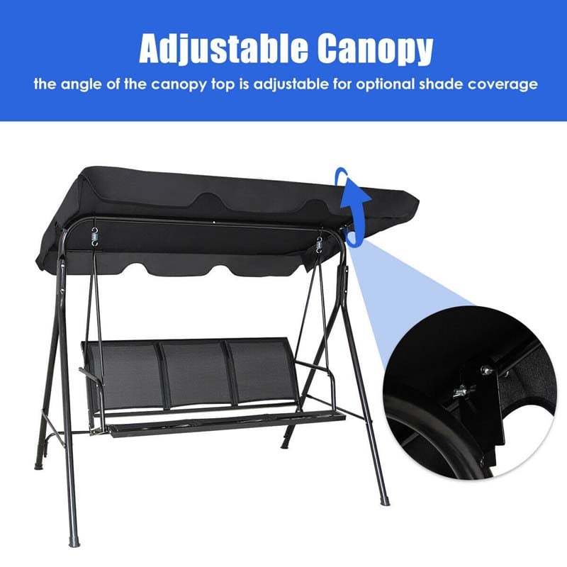 3-Person Outdoor Patio Swing with Adjustable Canopy & Steel Frame, Weather-resistant Porch Swing Bench for Garden, Yard, Poolside, Balcony