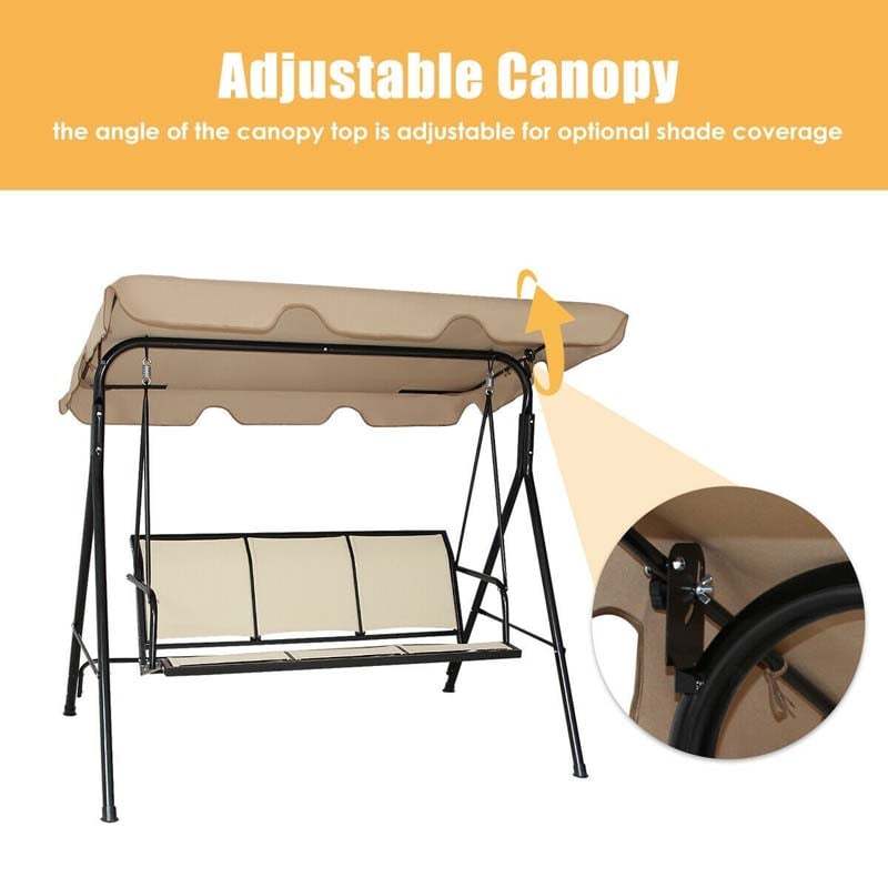 3-Person Outdoor Patio Swing with Adjustable Canopy & Steel Frame, Weather-resistant Porch Swing Bench for Garden, Yard, Poolside, Balcony