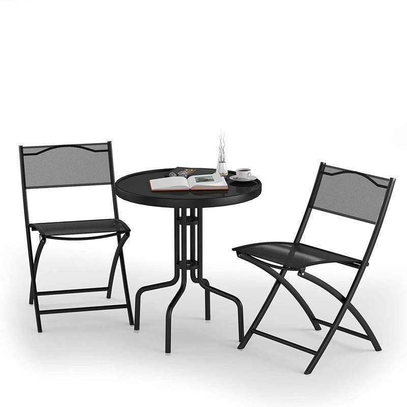 3 Pcs Folding Patio Bistro Set Conversation Set Round Coffee Table with Folding Chairs Set