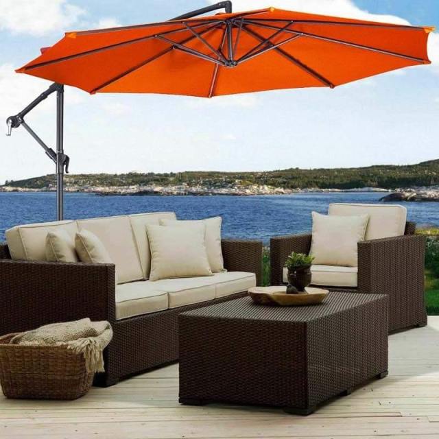 10FT Cantilever Umbrella Offset Hanging Patio Umbrella 8 Steel Ribs Outdoor Market Umbrella with Cross Base, Crank & Tilt Adjustment