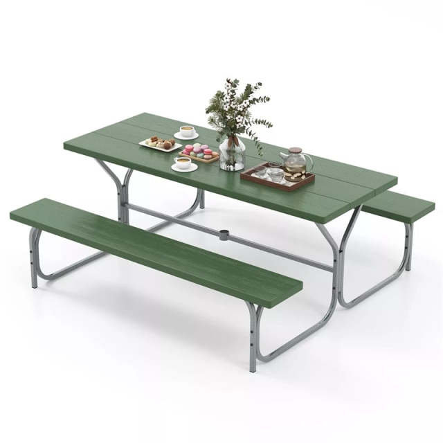 6FT Picnic Table & Bench Set for 8-Person, Heavy Duty Weather-Resistant Outdoor Dining Table with Umbrella Hole HDPE Tabletop & Built-in Benches