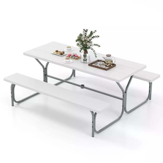 6FT Picnic Table & Bench Set for 8-Person, Heavy Duty Weather-Resistant Outdoor Dining Table with Umbrella Hole HDPE Tabletop & Built-in Benches