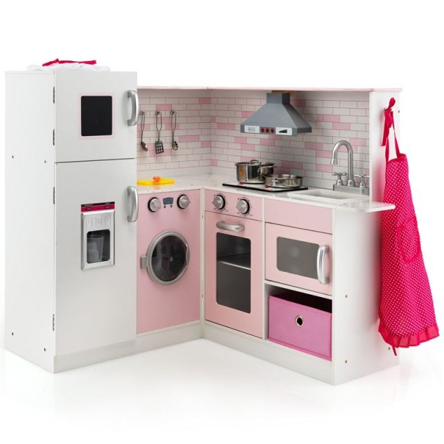 Pink Kids Corner Kitchen Playset, Wooden Pretend Play Kitchen Toy Set with Lights, Washer, Range Hood, Microwave, Oven, Utensils, Apron & Chef Hat