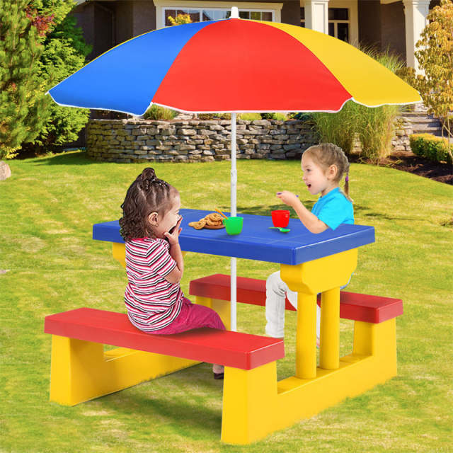 4 Seat Kids Picnic Table Bench Set Children Folding Bench Table with Removable Umbrella for Indoor Outdoor Garden Yard