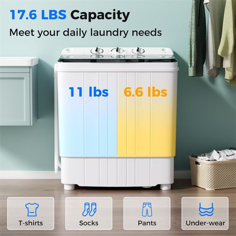 Portable Washing Machine 17.6 lbs Compact Twin Tub Laundry Washer Spin Dryer with Drain Pump, Control Knobs, Timer Function for Apartment Dorm RV