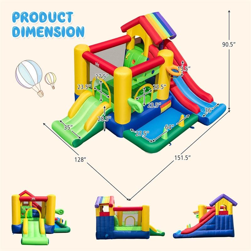 7-in-1 Rainbow Castle Inflatable Bounce House Backyard Dual Slide Bouncy House with 735W Blower & 50 Ocean Balls for Kids Indoor Outdoor Party Fun