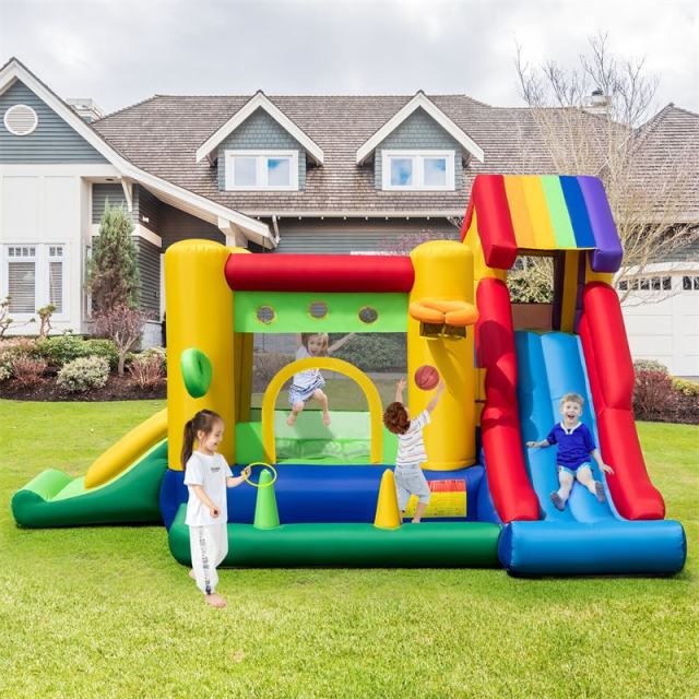 7-in-1 Rainbow Castle Inflatable Bounce House Backyard Dual Slide Bouncy House with 735W Blower & 50 Ocean Balls for Kids Indoor Outdoor Party Fun