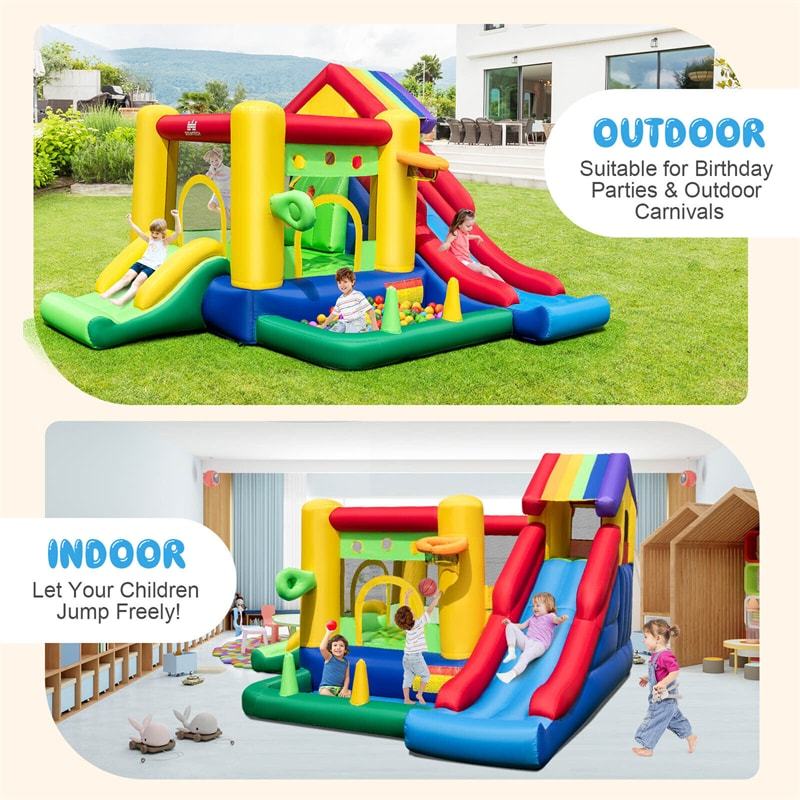 7-in-1 Rainbow Castle Inflatable Bounce House Backyard Dual Slide Bouncy House with 735W Blower & 50 Ocean Balls for Kids Indoor Outdoor Party Fun