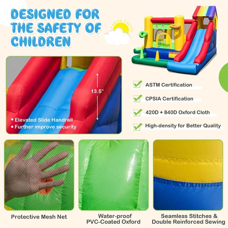 7-in-1 Rainbow Castle Inflatable Bounce House Backyard Dual Slide Bouncy House with 735W Blower & 50 Ocean Balls for Kids Indoor Outdoor Party Fun