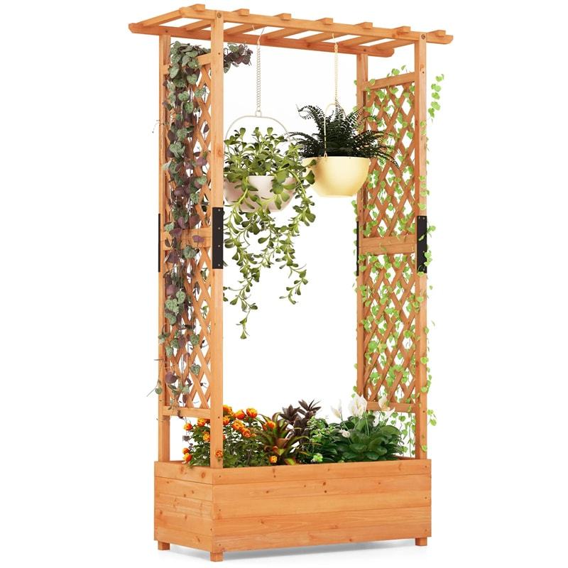 72" Raised Garden Bed with 2-Sided Trellis & Hanging Roof, Fir Wood Planter Box w/ Drainage Holes for Flowers, Herbs, Climbing Vines, Indoor/Outdoor