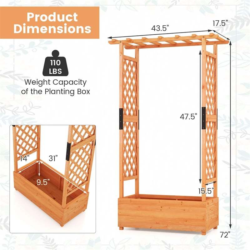 72" Raised Garden Bed with 2-Sided Trellis & Hanging Roof, Fir Wood Planter Box w/ Drainage Holes for Flowers, Herbs, Climbing Vines, Indoor/Outdoor