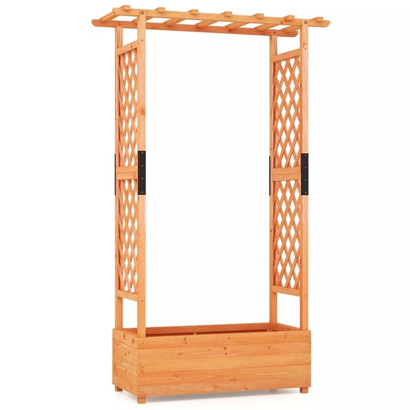 72" Raised Garden Bed with 2-Sided Trellis & Hanging Roof, Fir Wood Planter Box w/ Drainage Holes for Flowers, Herbs, Climbing Vines, Indoor/Outdoor