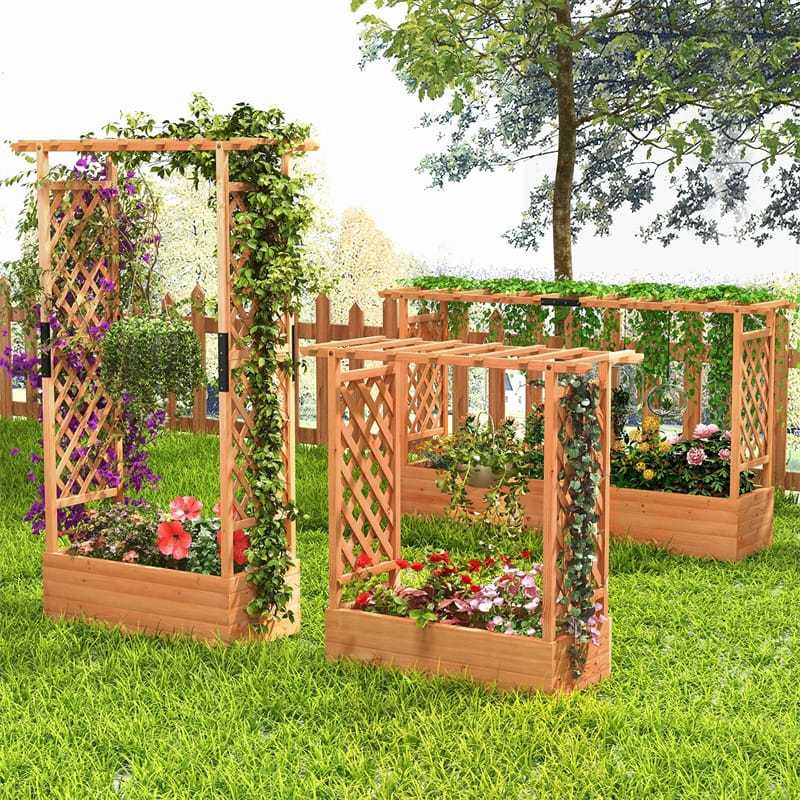 72" Raised Garden Bed with 2-Sided Trellis & Hanging Roof, Fir Wood Planter Box w/ Drainage Holes for Flowers, Herbs, Climbing Vines, Indoor/Outdoor
