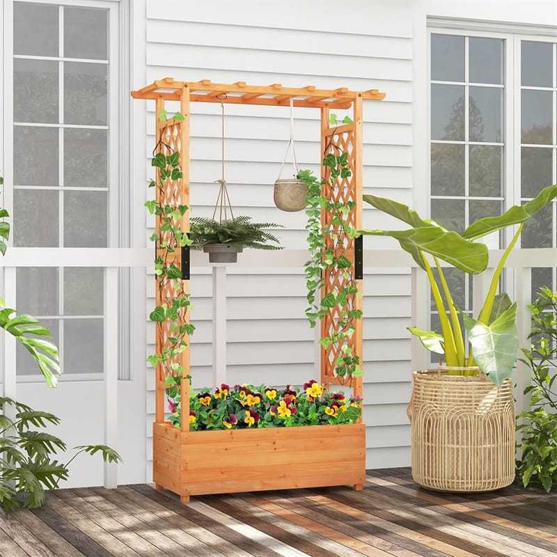 72" Raised Garden Bed with 2-Sided Trellis & Hanging Roof, Fir Wood Planter Box w/ Drainage Holes for Flowers, Herbs, Climbing Vines, Indoor/Outdoor
