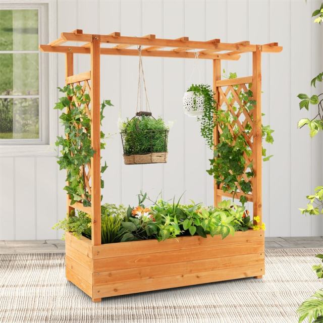 Raised Garden Bed with Arch Trellis, Hanging Roof, Outdoor Wood Planter Box w/ Side Trellis, Drainage Holes for Climbing Plants, Vines, Flowers