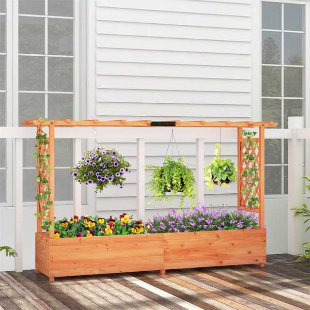 Raised Garden Bed with 2-Sided Trellis, Hanging Roof, Drainage Holes, Standing Fir Wood Planter Box for Flowers, Herbs, Climbing Vines, Garden Patio