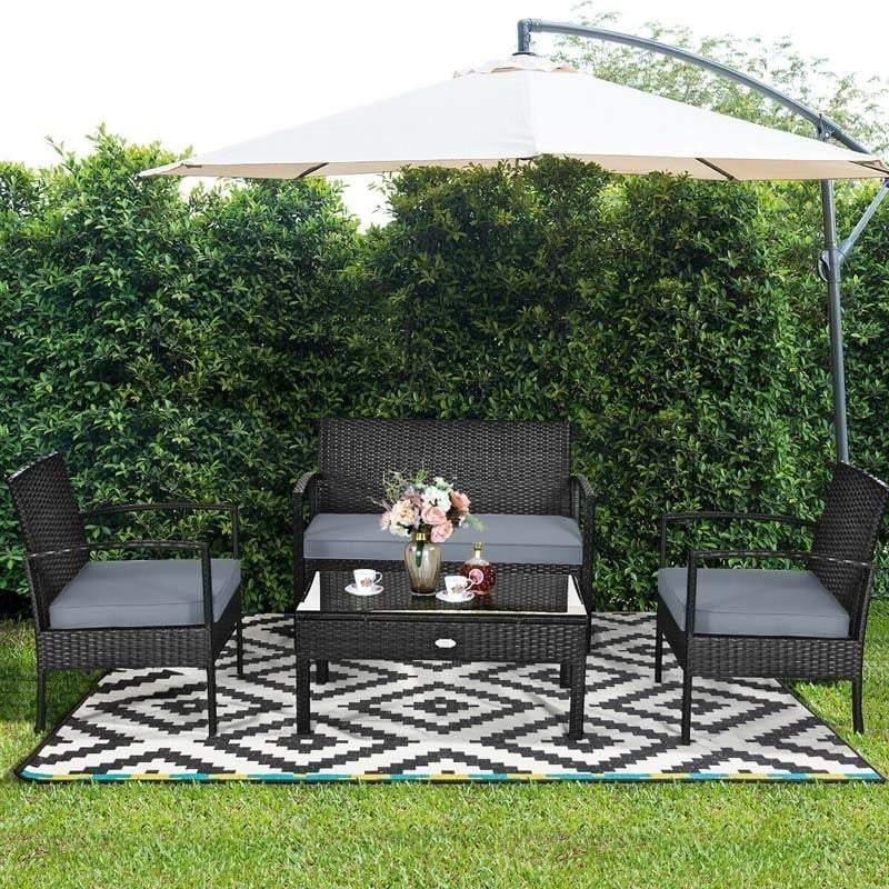 4 Piece Patio Conversation Set with Cushioned Rattan Sofas, Loveseat, Tempered Glass Table, Waterproof Outdoor Furniture for Poolside, Backyard