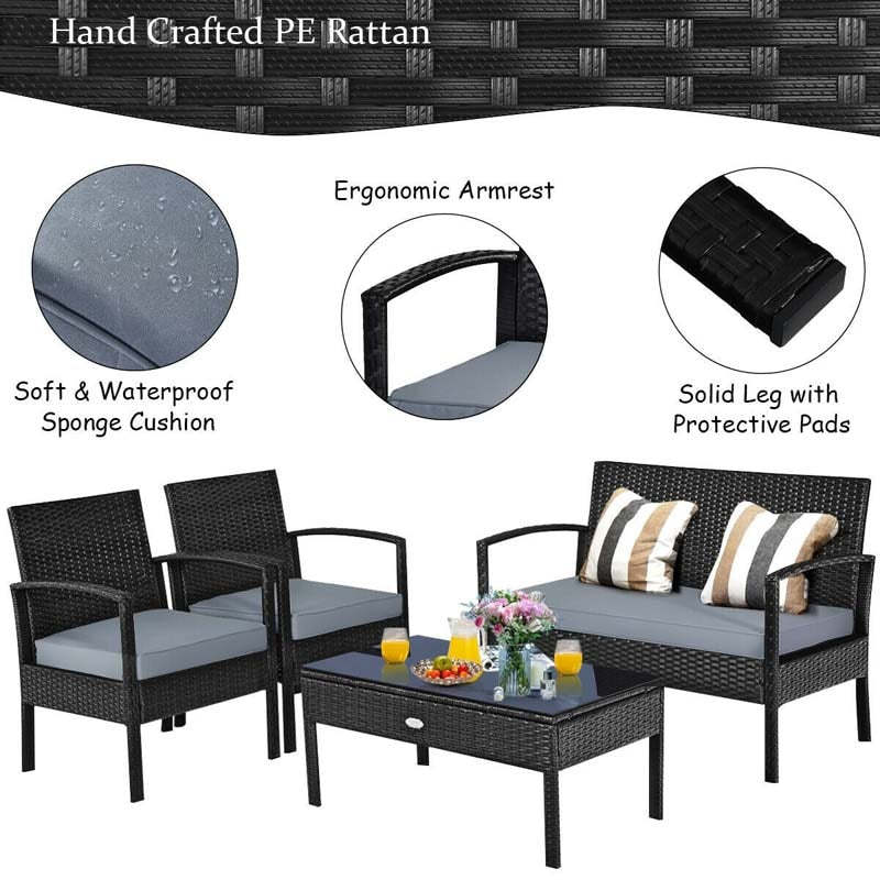 4 Piece Patio Conversation Set with Cushioned Rattan Sofas, Loveseat, Tempered Glass Table, Waterproof Outdoor Furniture for Poolside, Backyard