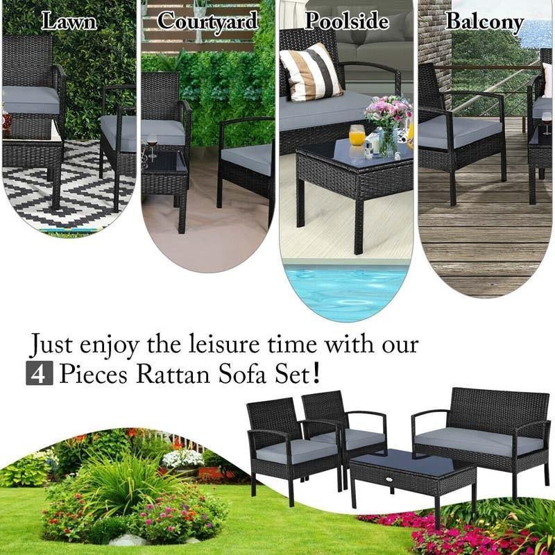 4 Piece Patio Conversation Set with Cushioned Rattan Sofas, Loveseat, Tempered Glass Table, Waterproof Outdoor Furniture for Poolside, Backyard