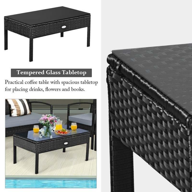 4 Piece Patio Conversation Set with Cushioned Rattan Sofas, Loveseat, Tempered Glass Table, Waterproof Outdoor Furniture for Poolside, Backyard
