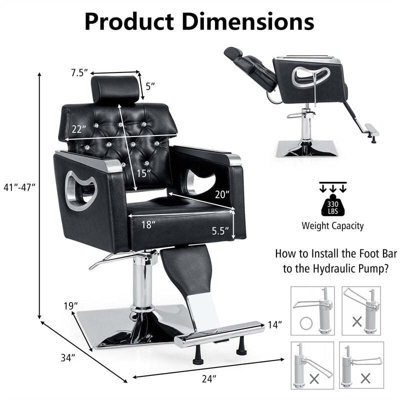 Reclining Salon Chair, Heavy Duty Barber Chair with Hydraulic Pump, Height Adjustable, 360° Swivel & PVC Leather Padded for Home/Salon/Tattoo Studio