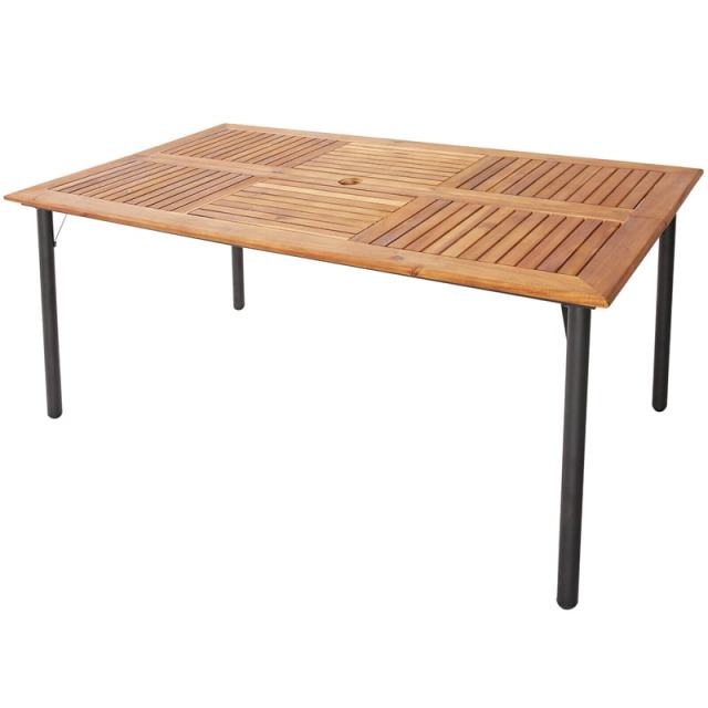 63" Acacia Wood Patio Dining Table, 6-Person Rectangular Dining Table with 1.9" Umbrella Hole & Metal Legs for Indoor Outdoor, Deck, Backyard