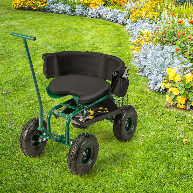 Rolling Garden Cart with 360° Swivel Seat, Tool Tray, Storage Basket, Removable Cushion & Handle, Height Adjustable Gardening Workseat for Patio Lawn