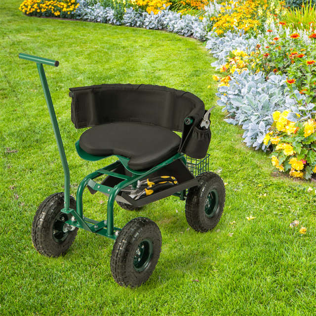 Rolling Garden Cart with 360° Swivel Seat, Tool Tray, Storage Basket, Removable Cushion & Handle, Height Adjustable Gardening Workseat for Patio Lawn