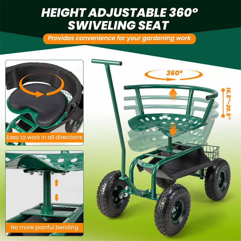 Rolling Garden Cart with 360° Swivel Seat, Tool Tray, Storage Basket, Removable Cushion & Handle, Height Adjustable Gardening Workseat for Patio Lawn
