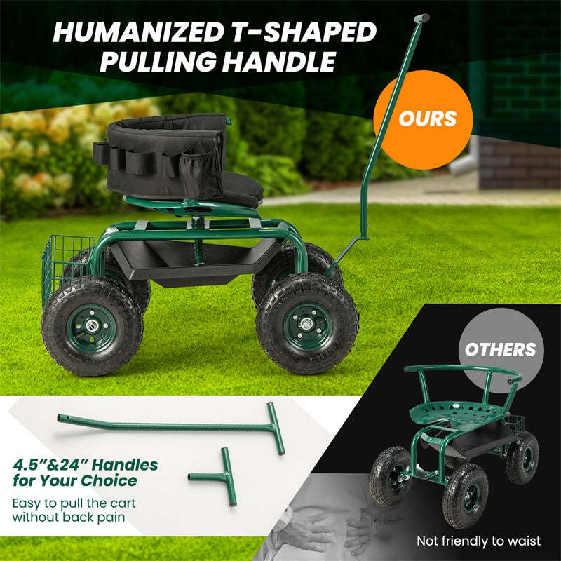 Rolling Garden Cart with 360° Swivel Seat, Tool Tray, Storage Basket, Removable Cushion & Handle, Height Adjustable Gardening Workseat for Patio Lawn