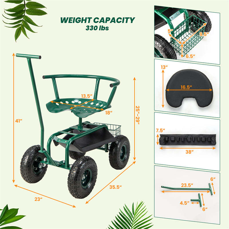 Rolling Garden Cart with 360° Swivel Seat, Tool Tray, Storage Basket, Removable Cushion & Handle, Height Adjustable Gardening Workseat for Patio Lawn