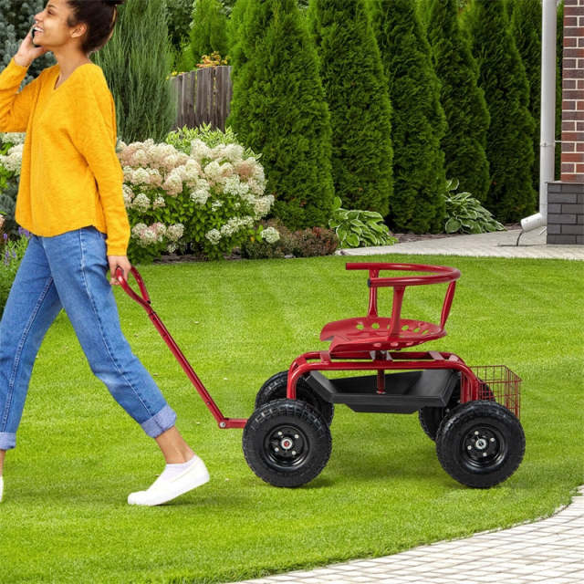 Rolling Garden Cart, Height Adjustable Garden Scooter with 360° Swivel Work Seat, Tool Tray, Storage Basket & Handle for Yard Gardening Work