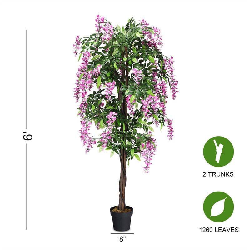 6FT Artificial Ficus Tree, s-2 Fake Wisteria Tree with Nursery Pots, Indoor/Outdoor Tall Faux Floor Plants for Home, Office, Living Room