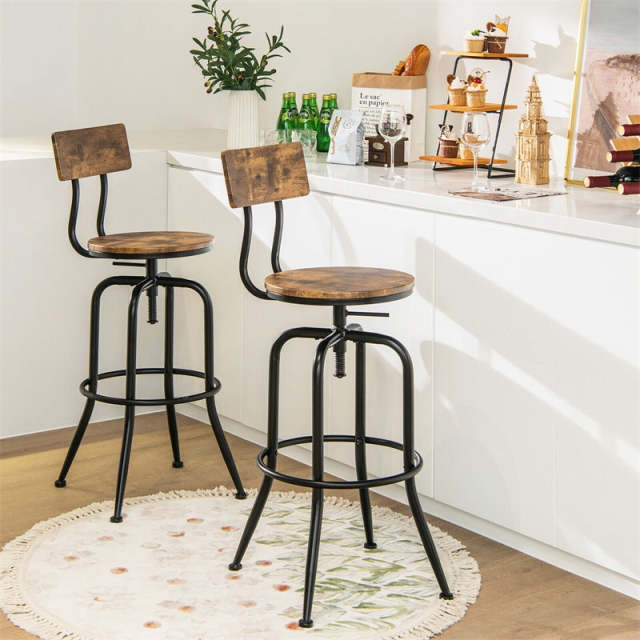 Vintage Industrial Bar Stools Set of 2, Adjustable Counter Height Bar Chairs with Arc-Shaped Backrest & Footrest, Swivel Metal Stools for Kitchen Pub