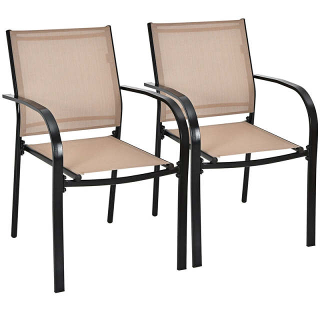 Stackable Patio Dining Chairs Set of 2 Outdoor Lawn Sling Chairs with Armrests & Breathable Fabric
