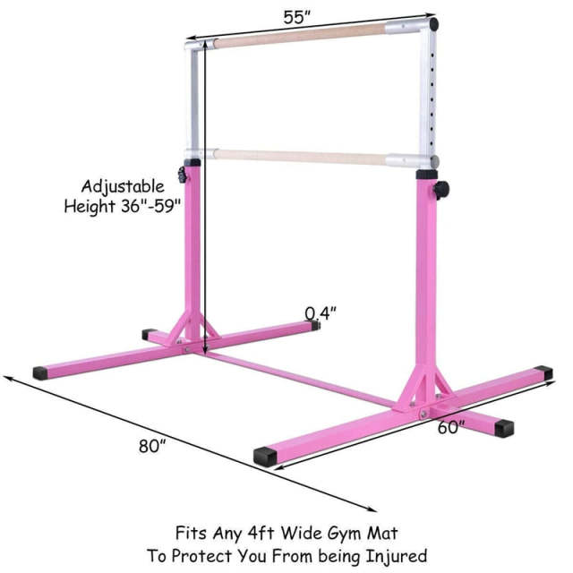 Steel Gymnastics Training Bar, 3' to 5' Height Adjustable Kip Bar with Double Locking Mechanism, Junior Horizontal Bar for Home Practice
