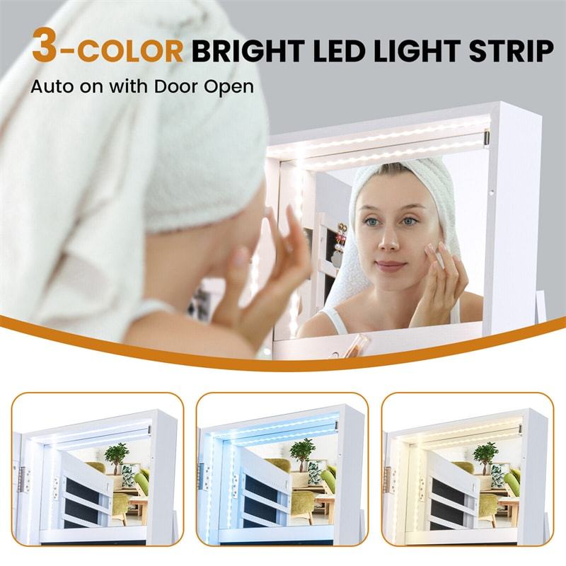 360° Swivel Jewelry Armoire with Full Length Mirror, Adjustable 3-Color LED Lights & Storage Rack, Lockable Standing Jewelry Cabinet Organizer