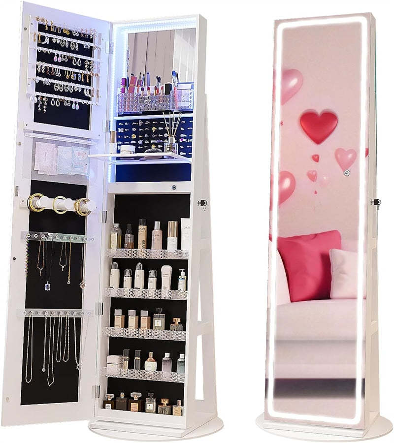 360° Swivel Jewelry Armoire with Full Length Mirror, Adjustable 3-Color LED Lights & Storage Rack, Lockable Standing Jewelry Cabinet Organizer