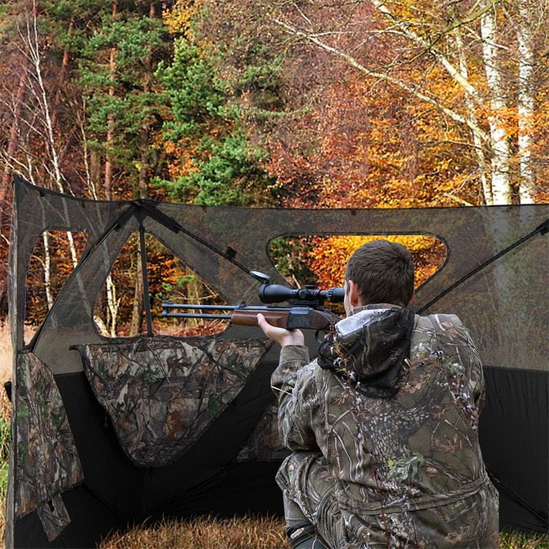 See Through Hunting Blind 2-Panel Pop Up Ground Blind Turkey Blind with 3 Shoot Through Ports, 2 Storage Pockets & Carrying Bag