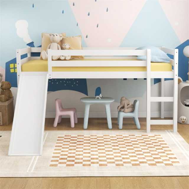 Twin Loft Bed with Slide, Solid Wood Low Loft Bed Twin Loft Bed Frame with Climbing Ladder & Guardrail, Twin Kids Bed for Girls Boys
