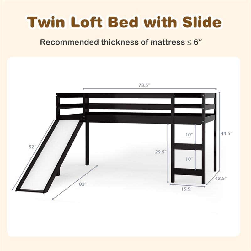 Twin Loft Bed with Slide, Solid Wood Low Loft Bed Twin Loft Bed Frame with Climbing Ladder & Guardrail, Twin Kids Bed for Girls Boys